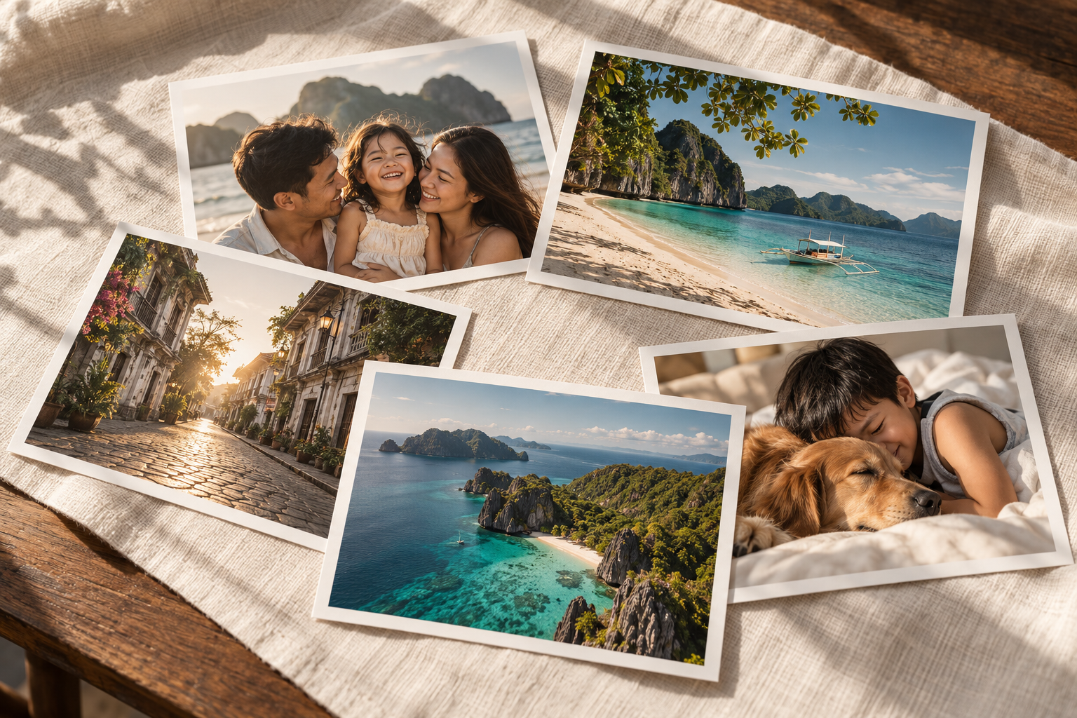 Flatlay of loose photographic prints depicting Filipino family and travel snapshots on warm ivory linen and walnut tabletop