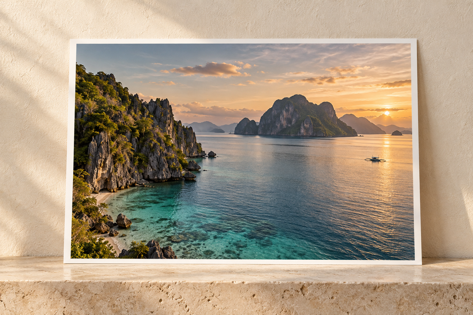 Larger unframed fine photographic 11R Philippine seascape print leaning against warm plaster