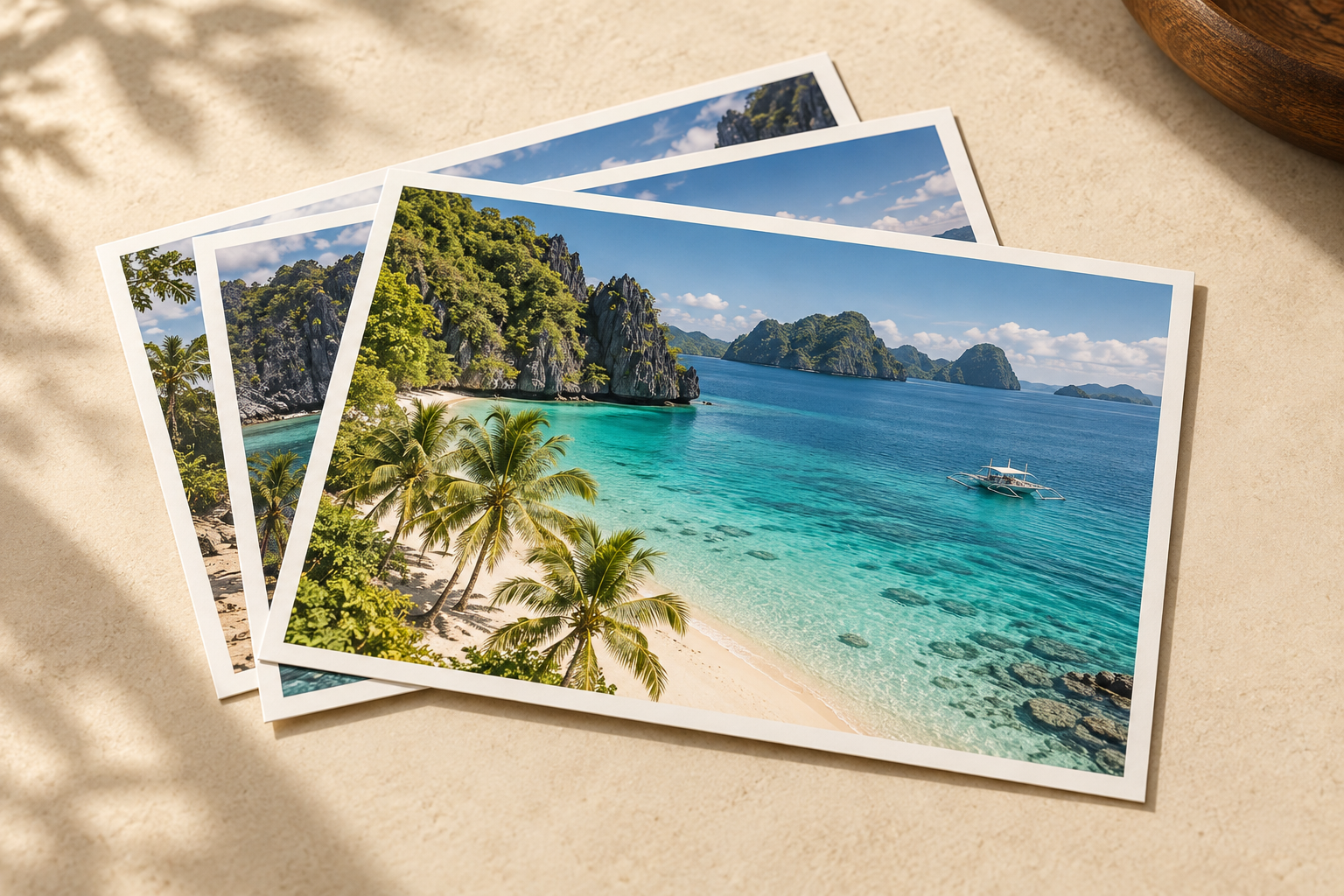 Realistic stack of small loose 4R prints with Philippine beach and travel snapshots on warm paper backdrop