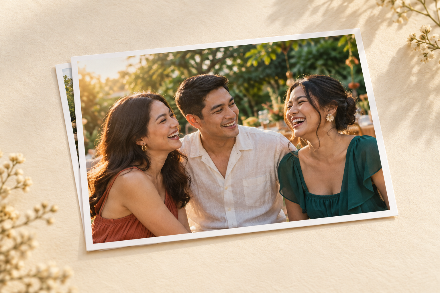 Loose medium 5R photographic print showing close Filipino friends laughing at a garden celebration