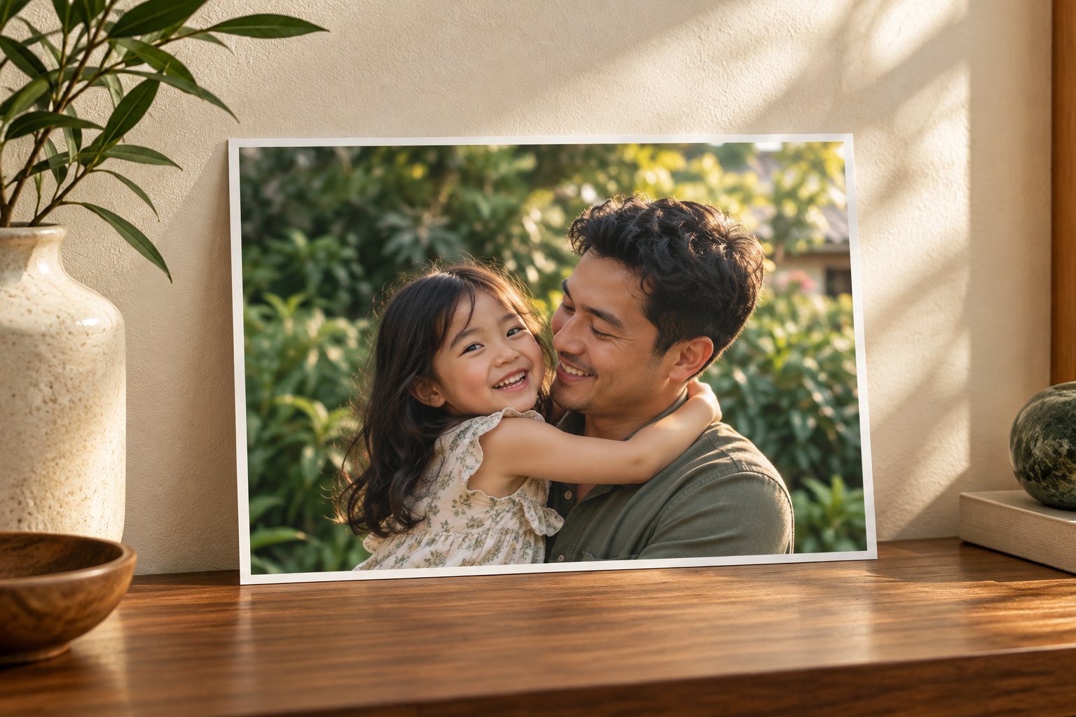 Photographic family portrait 8R print of Filipino parent and child unframed leaning on a walnut tabletop